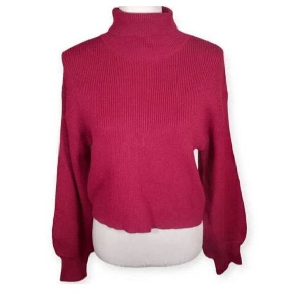 FRANCESCA'S BLUE RAIN BURGUNDY/FUCHSIA CROP BALLOON SLEEVE TURTLENECK SWEATER SZ - Picture 3 of 10